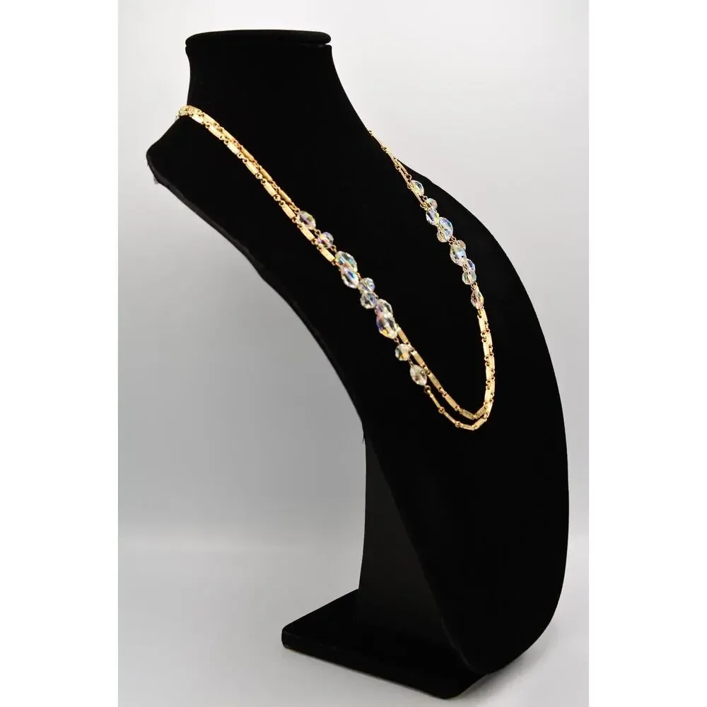 Vintage Crystal Necklace Gold Tone Chain Aurora Borealis Glass Long Sparkling 9J